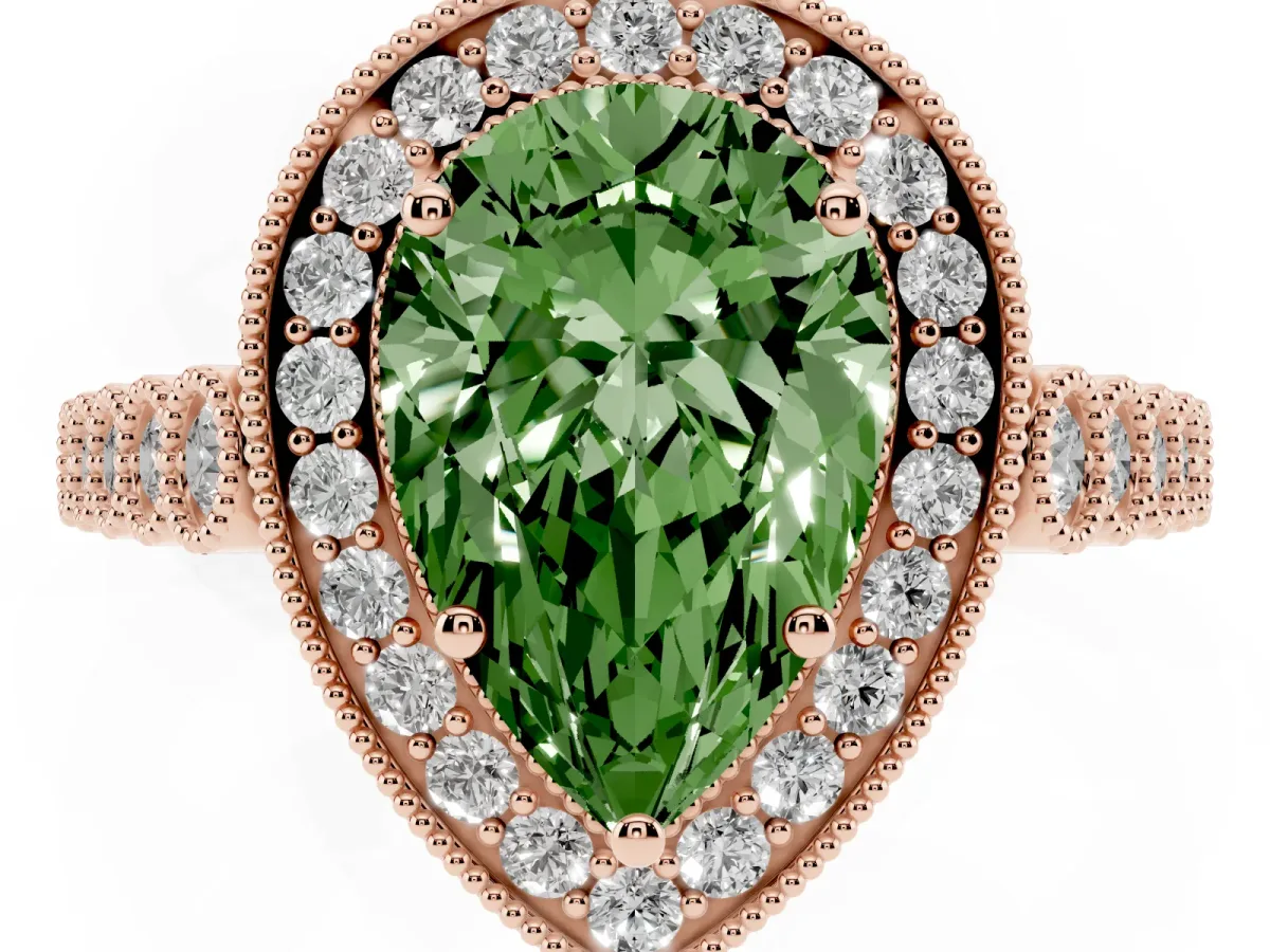Fancy Green Pear Cut Halo Milgrain Solitaire with Bezel Set Side Stones and Pave Band Rose gold