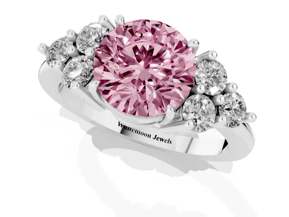 Fancy Pink Round Cut Brilliant Diamond Cluster Accent Solitaire Ring with Prong Setting White gold