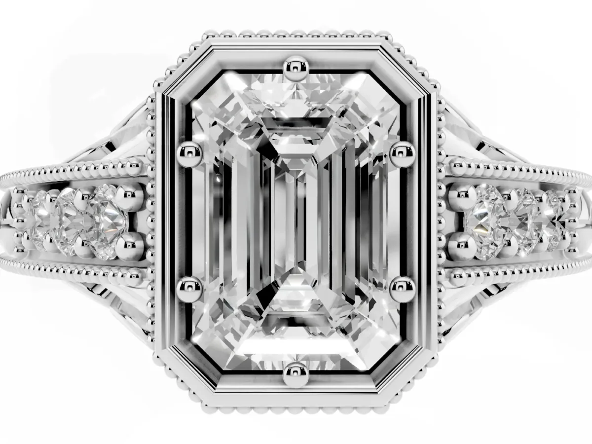 Bezel Set Emerald Cut Diamond Milgrain Pave Engagement Ring Silver