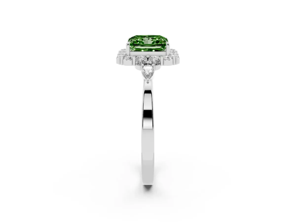 Fancy Green Princess Cut Diamond Halo Ring with Pear Side Stones and Prong Setting Platinum