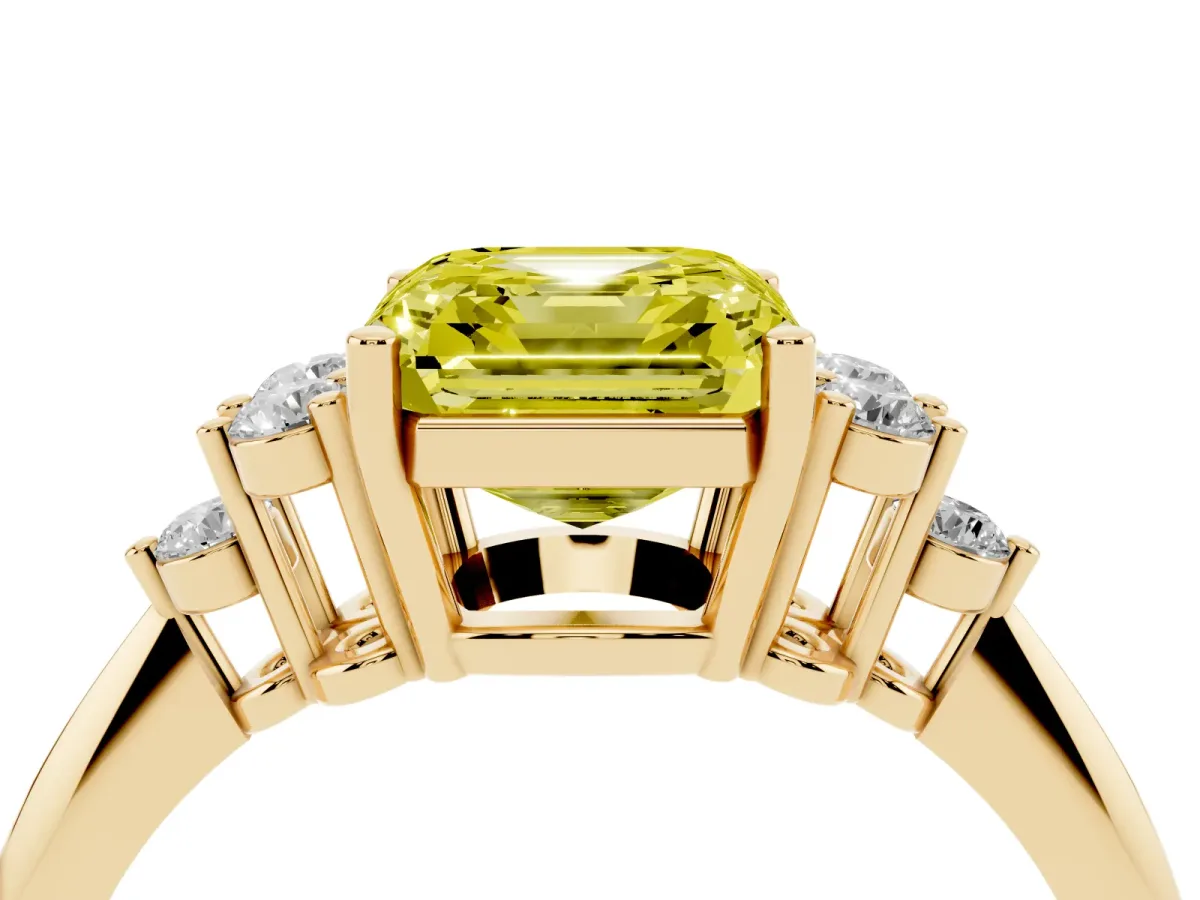 Fancy Yellow Asscher Cut Cut Diamond Cluster Ring with Solitaire Band and Four-Prong Setting Yellow gold