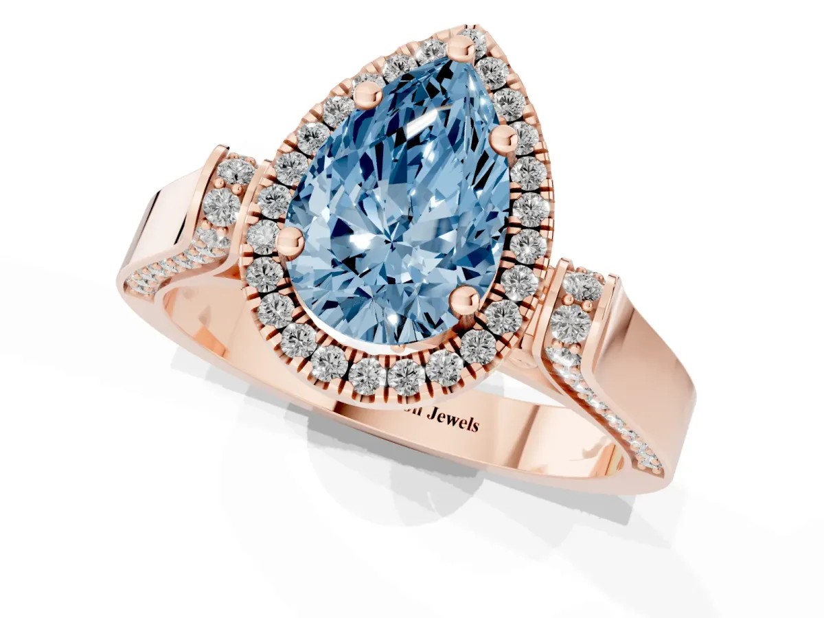 Fancy Blue Pear Cut Halo Pave Split Shank Prong Setting Ring Rose gold