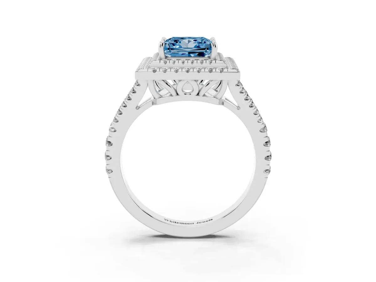Fancy Blue Princess Cut Diamond Double Halo Ring with Pavé Band and Prong Setting Platinum