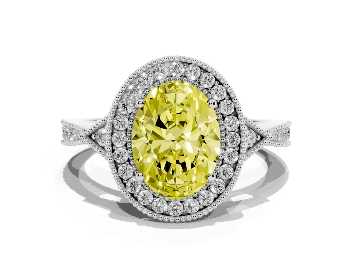 Fancy Yellow Oval Cut Halo Round Diamond Milgrain Pave Engagement Ring Platinum