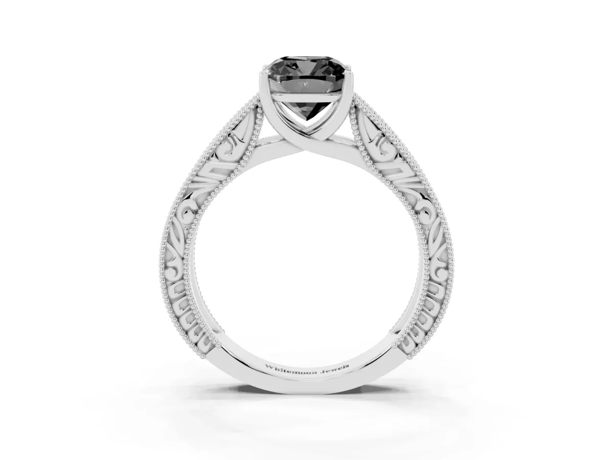 Fancy Black Cushion Cut Diamond Solitaire Ring with Engraved Band and Four-Prong Setting Silver