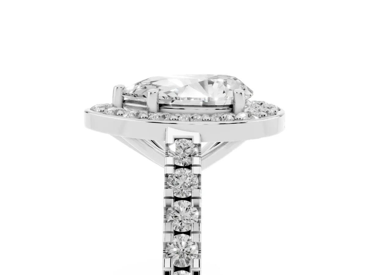 Pear Cut Diamond Halo Ring with Round Pavé Split Shank and Prong Setting Silver