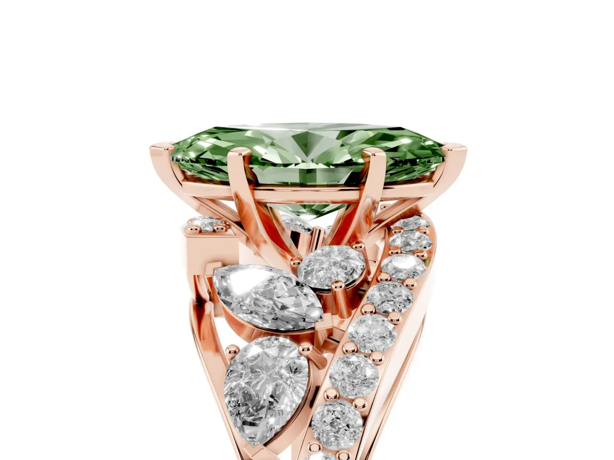 Fancy Green Marquise Cut Diamond Halo Ring with Marquise and Pavé Band in Prong Setting Rose gold