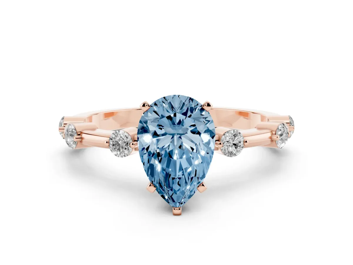 Fancy Blue Pear Cut Solitaire Diamond Ring with Bezel Set Side Stones and Prong Setting Rose gold