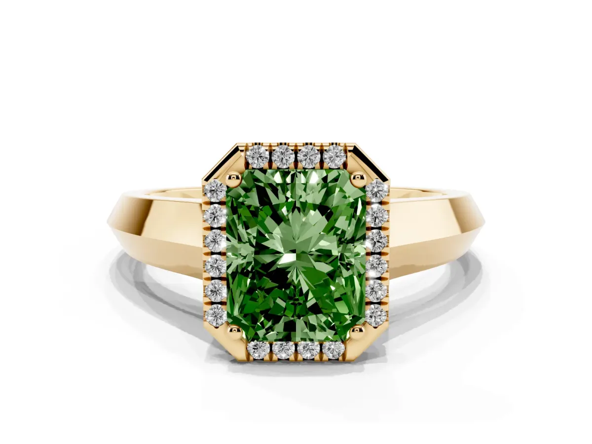 Fancy Green Radiant Cut Halo Diamond Ring with Cathedral Band and Four-Prong Setting Yellow gold