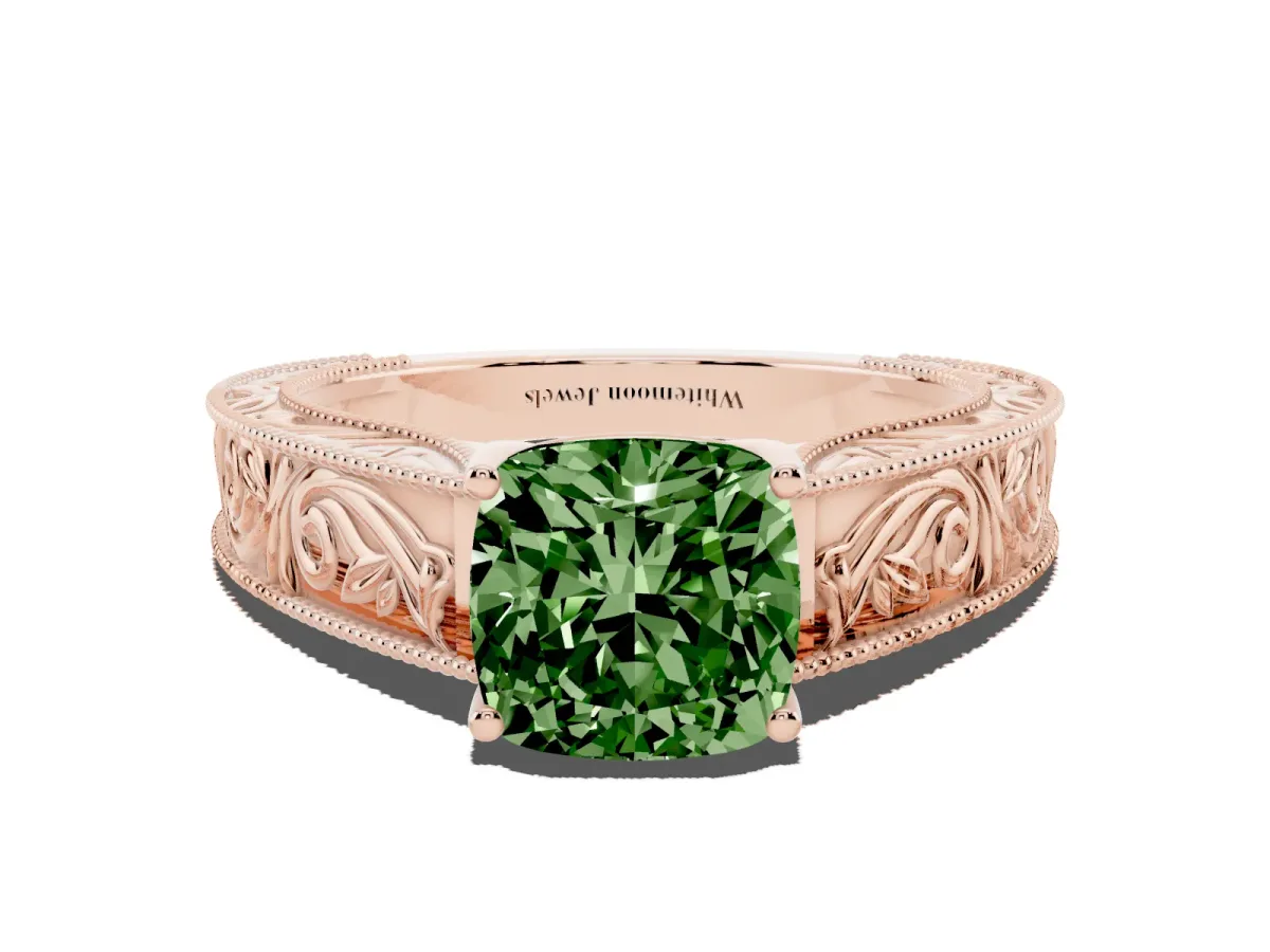 Fancy Green Cushion Cut Diamond Solitaire Ring with Engraved Band and Four-Prong Setting Rose gold