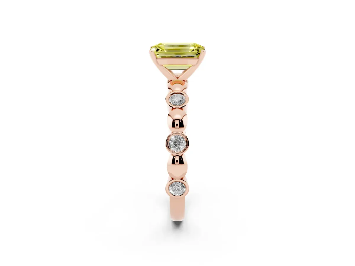 Fancy Yellow Emerald Cut Solitaire Bezel-Set Diamond Ring with Beaded Band and Four-Prong Setting Rose gold