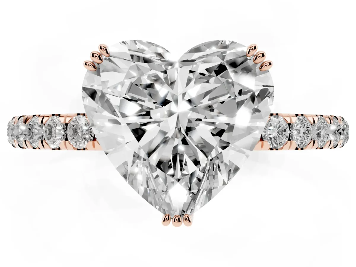 Heart Cut Brilliant Solitaire with Pavé Band and Claw Prong Setting Rose gold