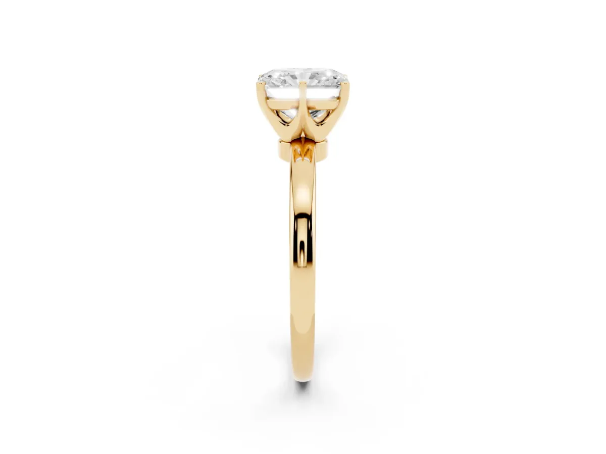 Radiant Cut Solitaire Diamond Ring with Six-Prong Setting on a Classic Band Yellow gold