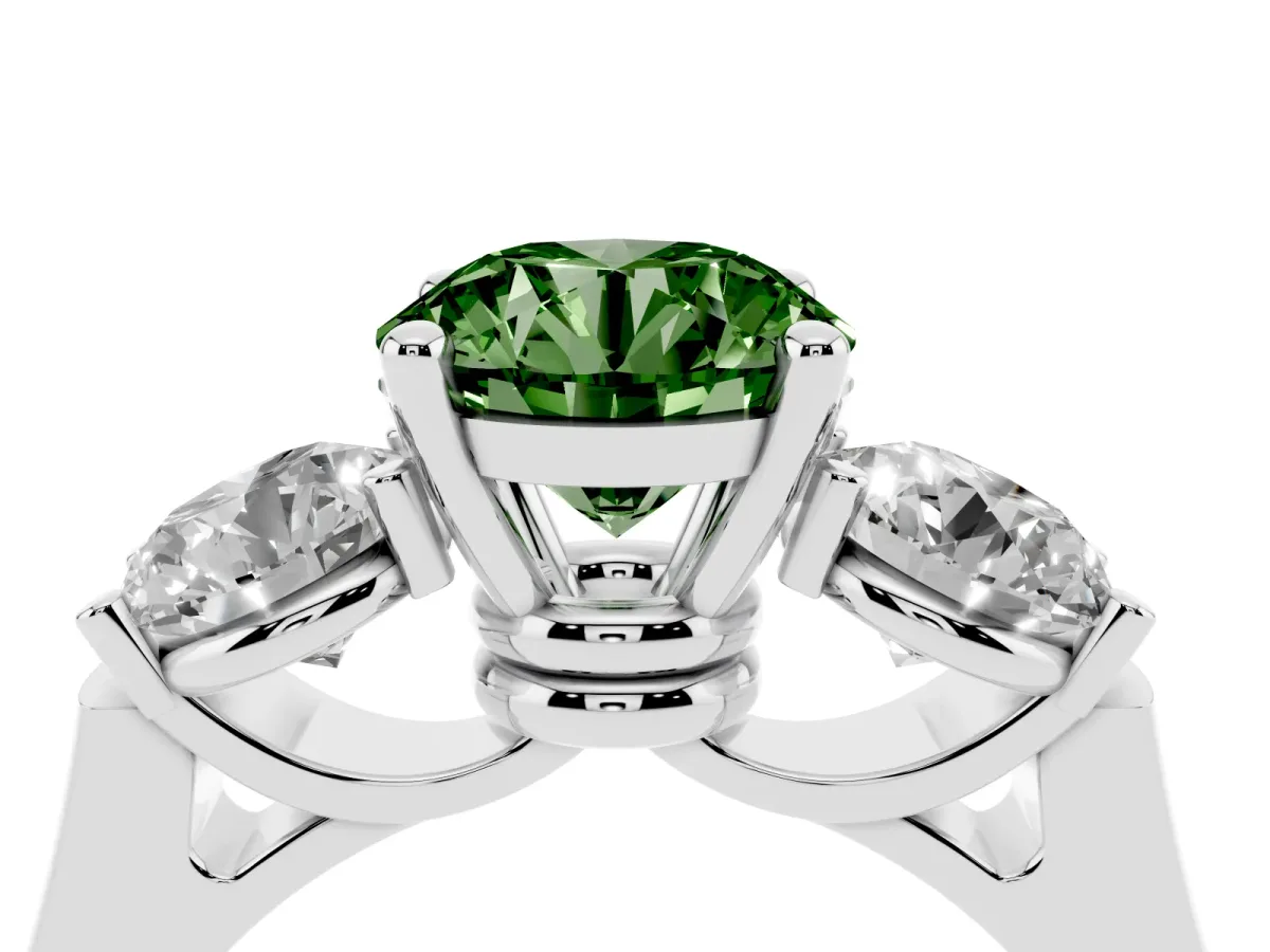 Fancy Green Three-Stone Round Cut Brilliant Diamond Trellis Ring with Comfort Fit Band White gold