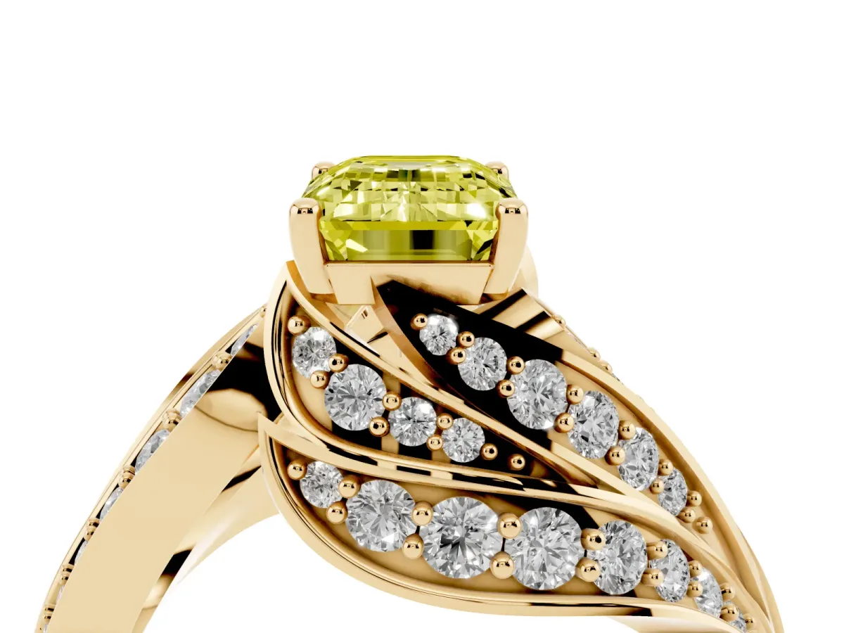 Fancy Yellow Emerald Cut Diamond Solitaire Ring with Prong Setting and Twisted Pavé Band Yellow gold