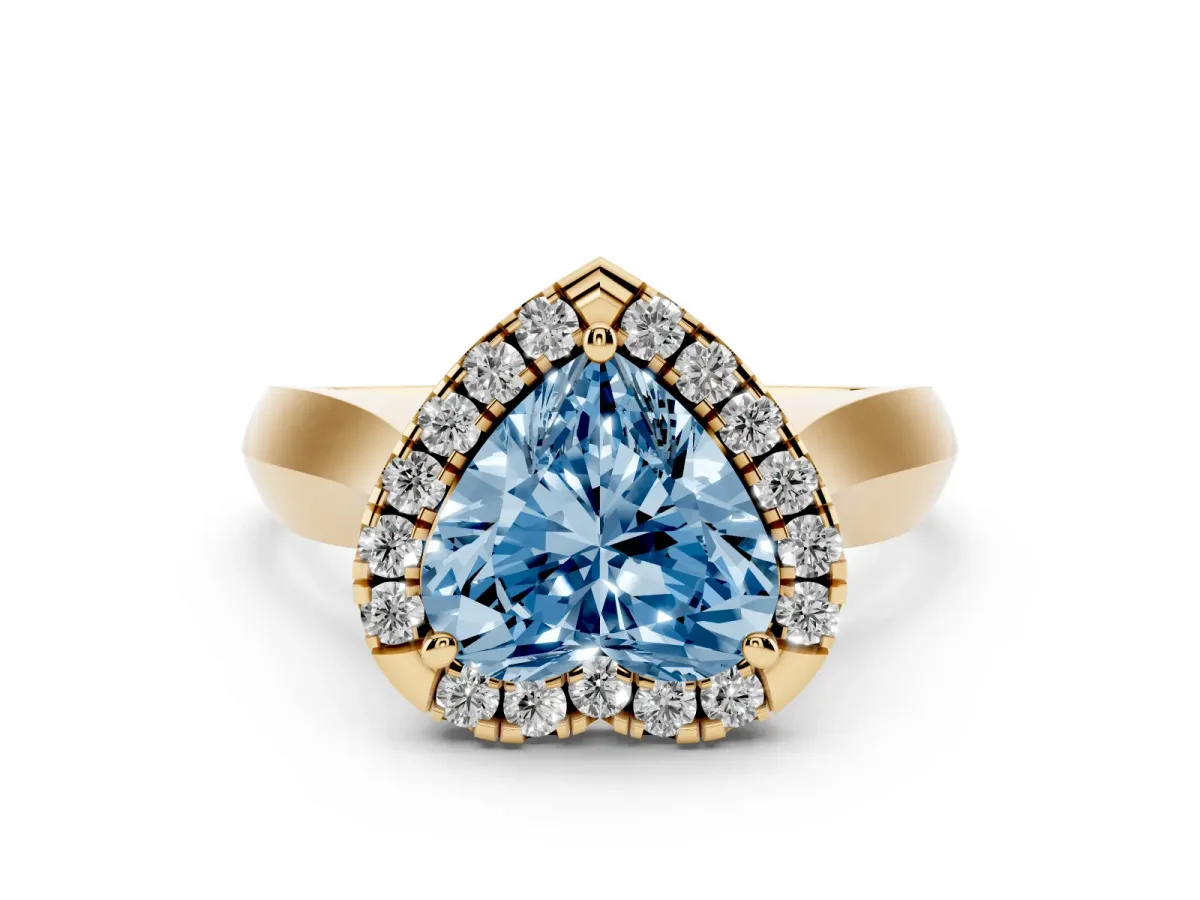 Fancy Blue Heart Cut Cut Halo Solitaire Engagement Ring with Square Band and Four-Prong Setting Yellow gold