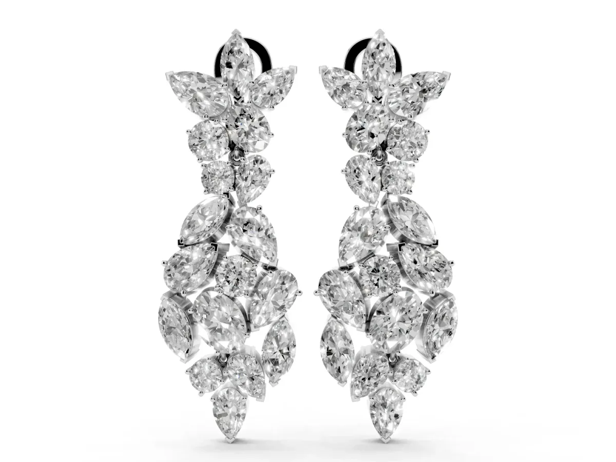 Pear, Marquise and Oval Diamond Floral Drop Earrings Silver