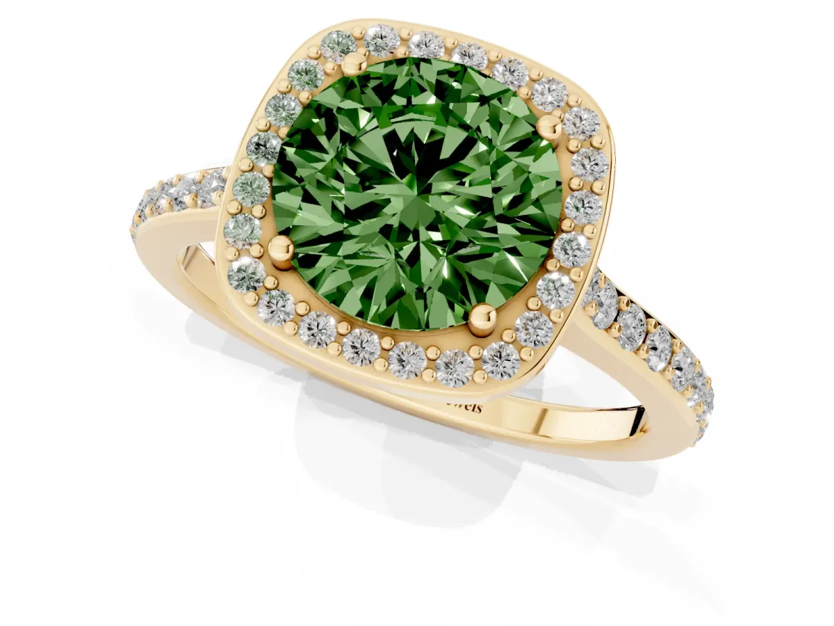Fancy Green Round Cut Diamond Halo Engagement Ring with Round Pavé Shoulders and Prong Setting Yellow gold