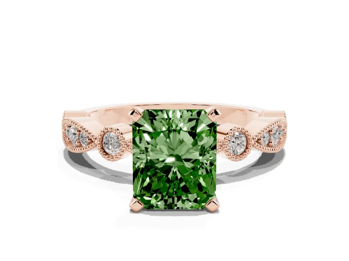 Fancy Green Radiant Cut Milgrain Bezel Diamond Engagement Ring with Solitaire Prong Setting Rose gold