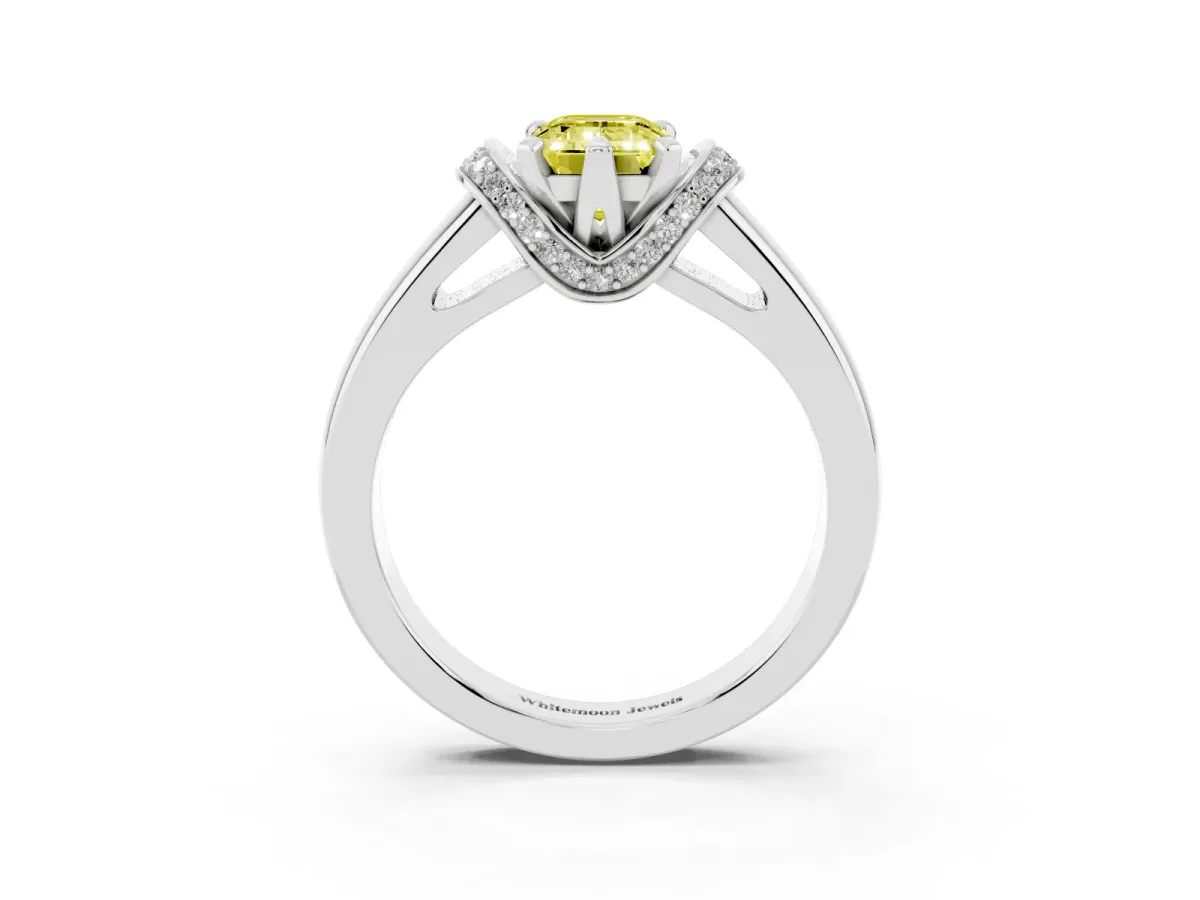 Fancy Yellow Emerald Cut Solitaire Diamond Ring with Pave Band and Six-Prong Setting Platinum