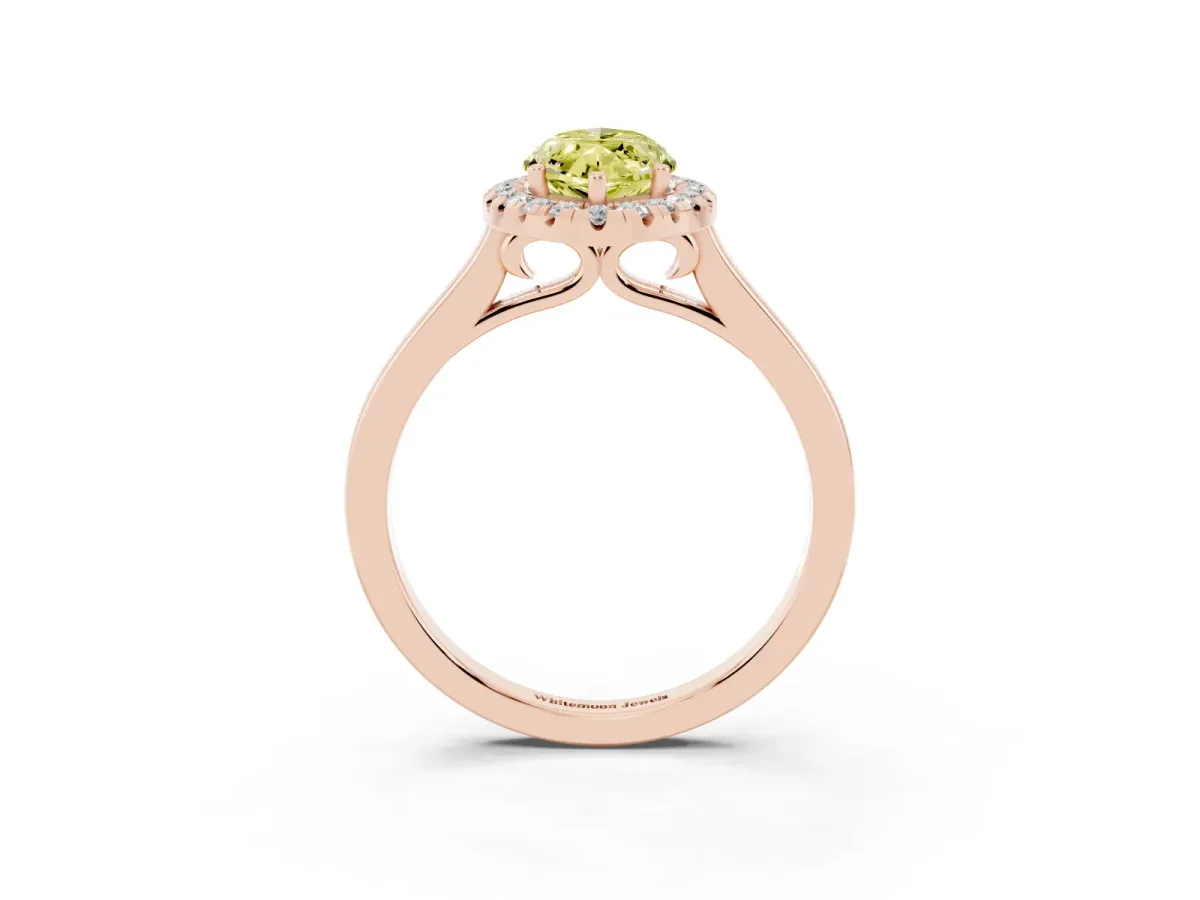 Fancy Yellow Marquise Cut Halo Round Diamond Solitaire Ring with Pavé Band and Four-Prong Setting Rose gold