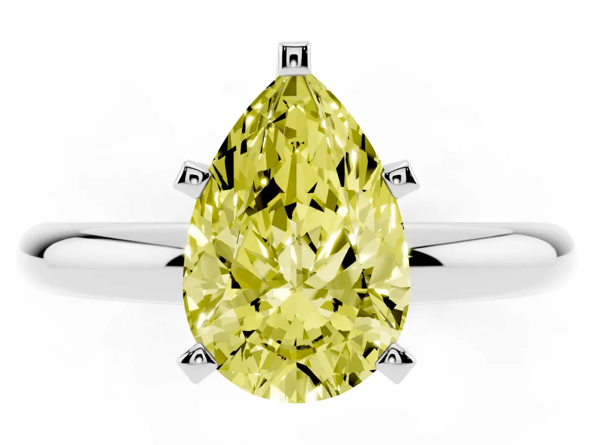 Fancy Yellow Pear Cut Diamond Solitaire Engagement Ring with Round Band and Four-Prong Setting Platinum