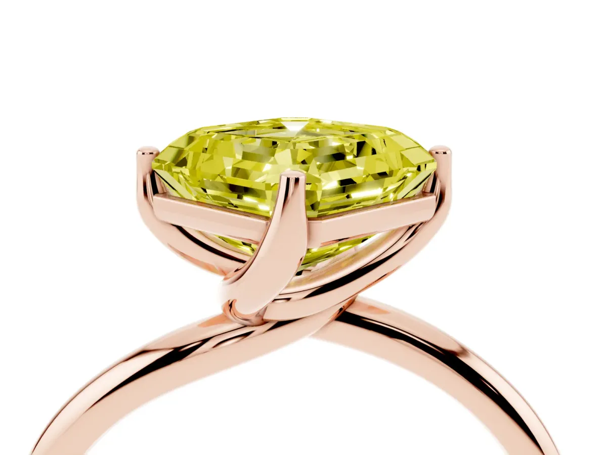 Fancy Yellow Asscher Cut Diamond Solitaire Engagement Ring with Four-Prong Setting and Classic Band Rose gold