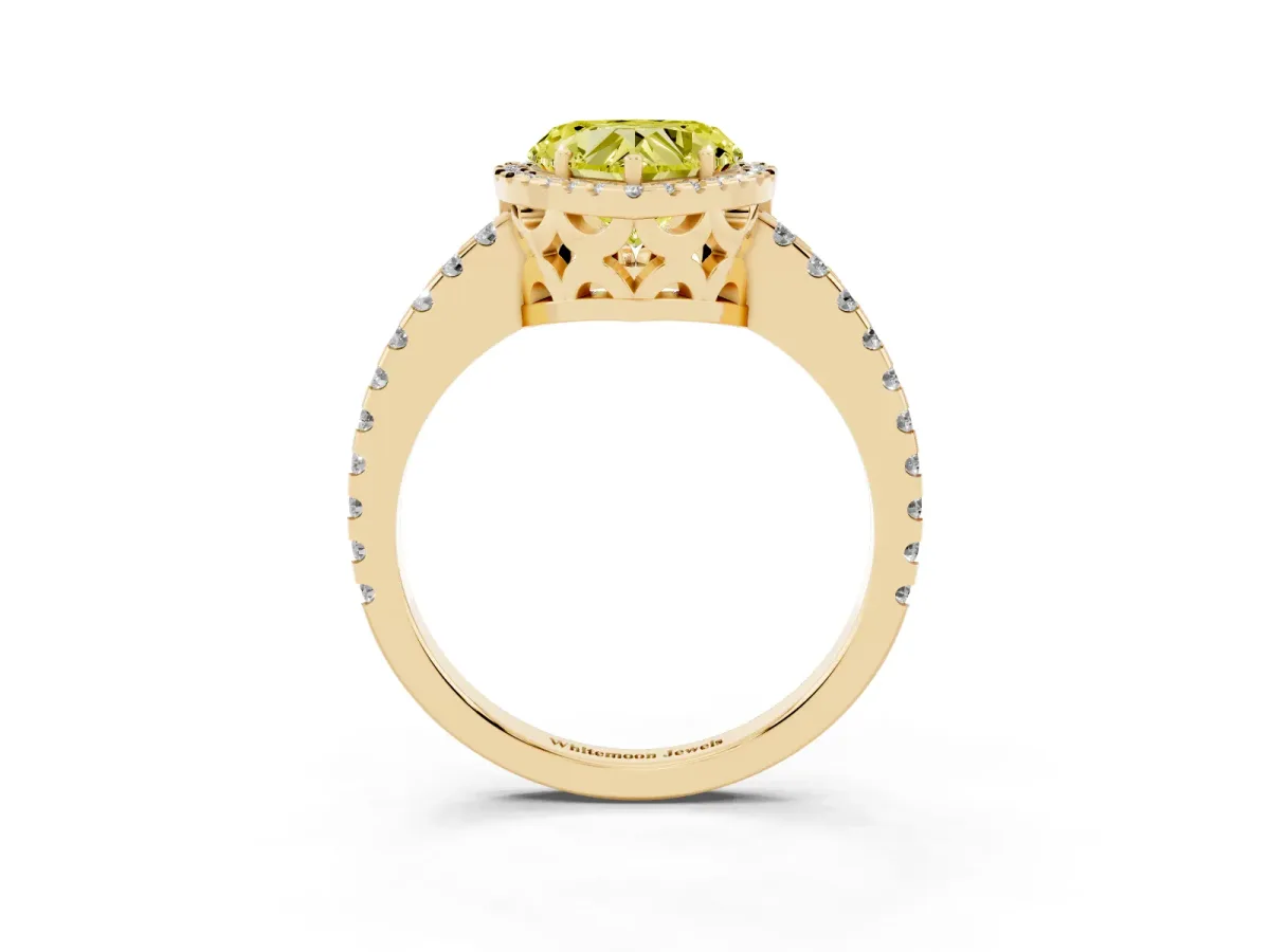 Fancy Yellow Heart Cut Diamond Halo Engagement Ring with Pavé Band and Prong Setting Yellow gold