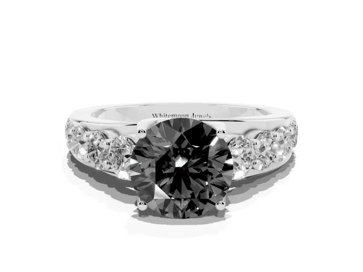 Fancy Black Round Cut Diamond Engagement Ring with Pavé Band and Four-Prong Setting Silver