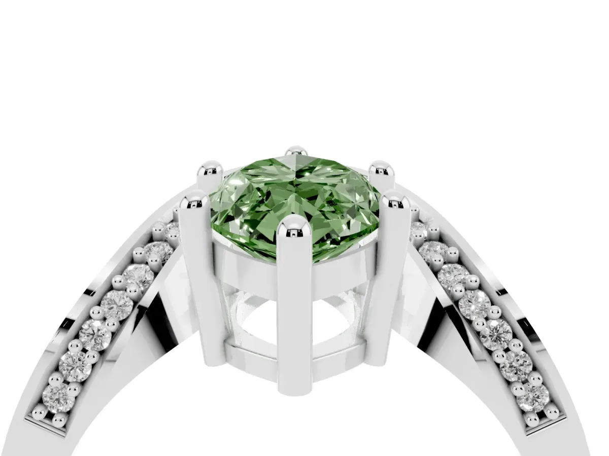 Fancy Green Marquise Cut Solitaire Diamond Engagement Ring with Pave Band and Four-Prong Setting White gold