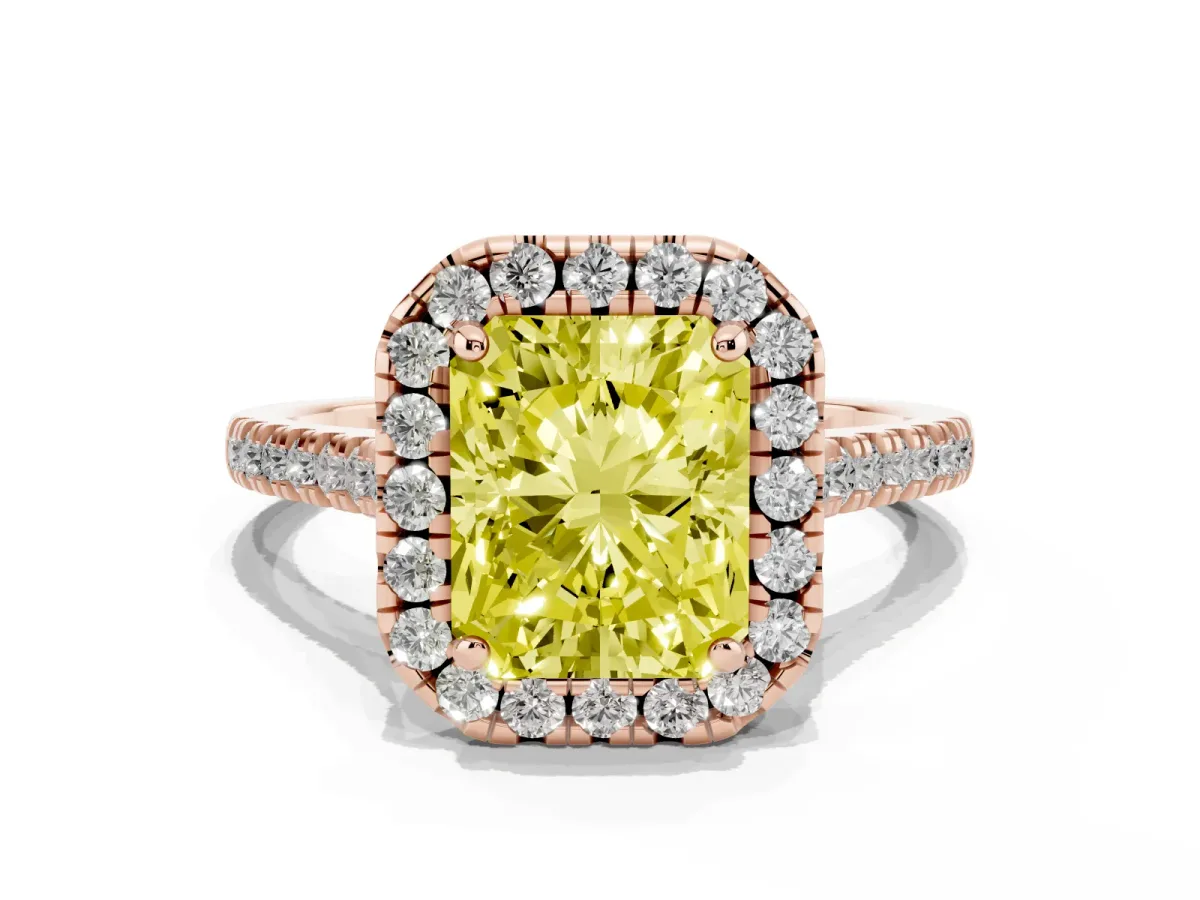 Fancy Yellow Radiant Cut Diamond Cushion Halo Ring with Pavé Band Rose gold