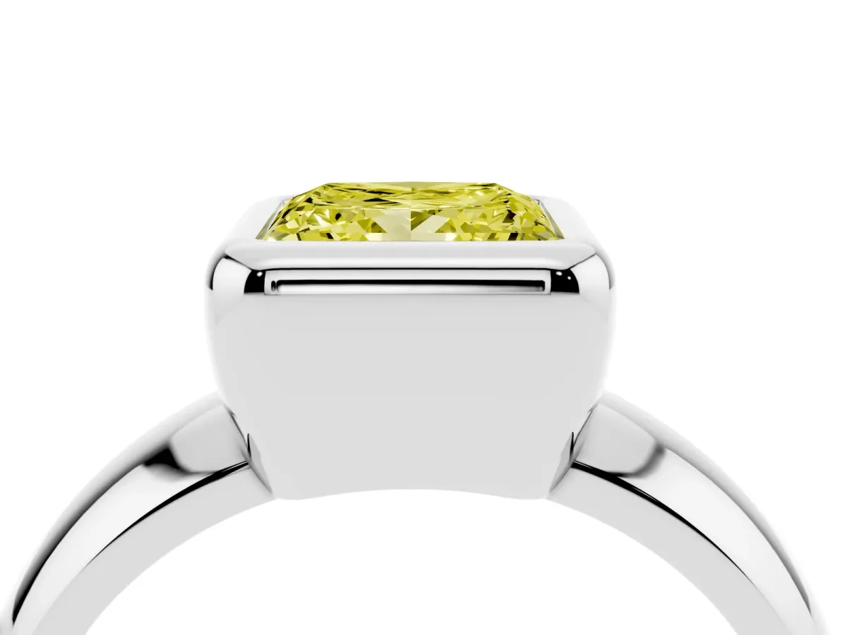 Fancy Yellow Bezel Set Princess Cut Solitaire Ring with Wide Band Silver