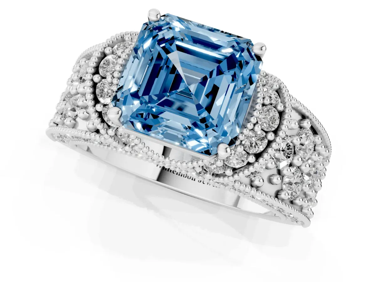Fancy Blue Asscher Cut Halo Pave Diamond Engagement Ring with Milgrain Detailing Platinum