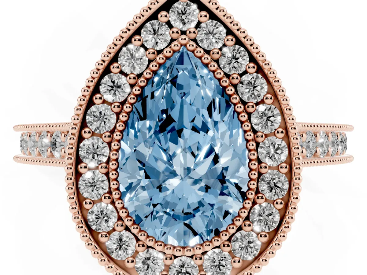 Fancy Blue Halo Pear Cut-Cut Diamond Pave Band Milgrain Prong Setting Ring Rose gold
