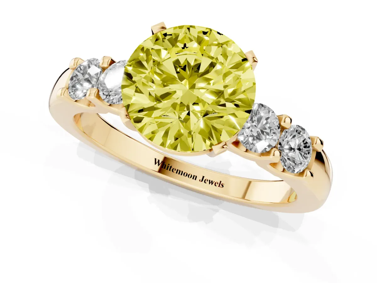 Fancy Yellow Round Cut Brilliant Cut Diamond Five-Stone Prong Set Engagement Ring with Channel Band Yellow gold