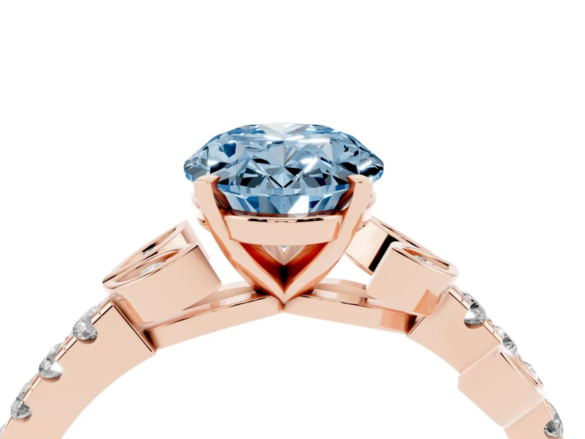 Fancy Blue Oval Cut Solitaire Leaf-Inspired Diamond Ring with Pavé Band and Four-Prong Setting Rose gold
