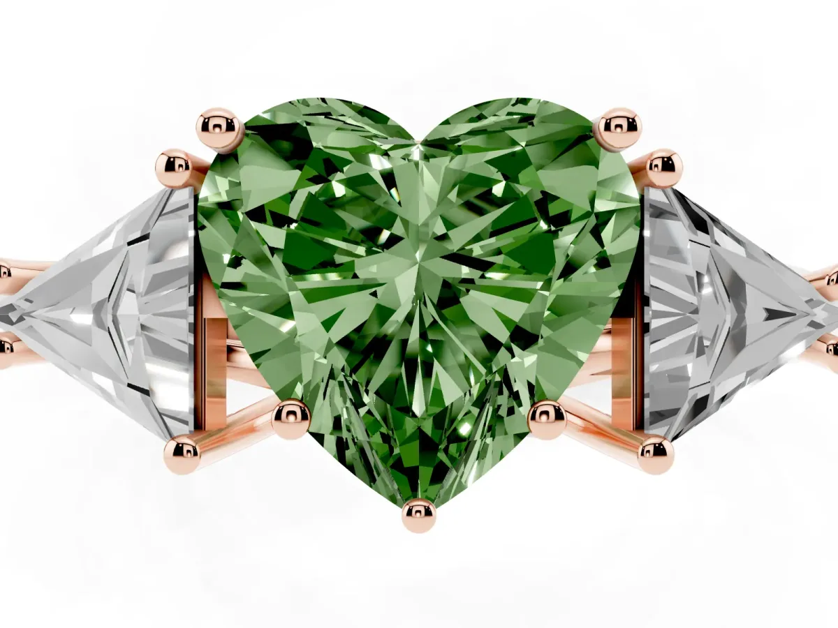 Fancy Green Three-Stone Heart Cut Diamond Engagement Ring with Trillion Side Stones and Prong Setting Rose gold