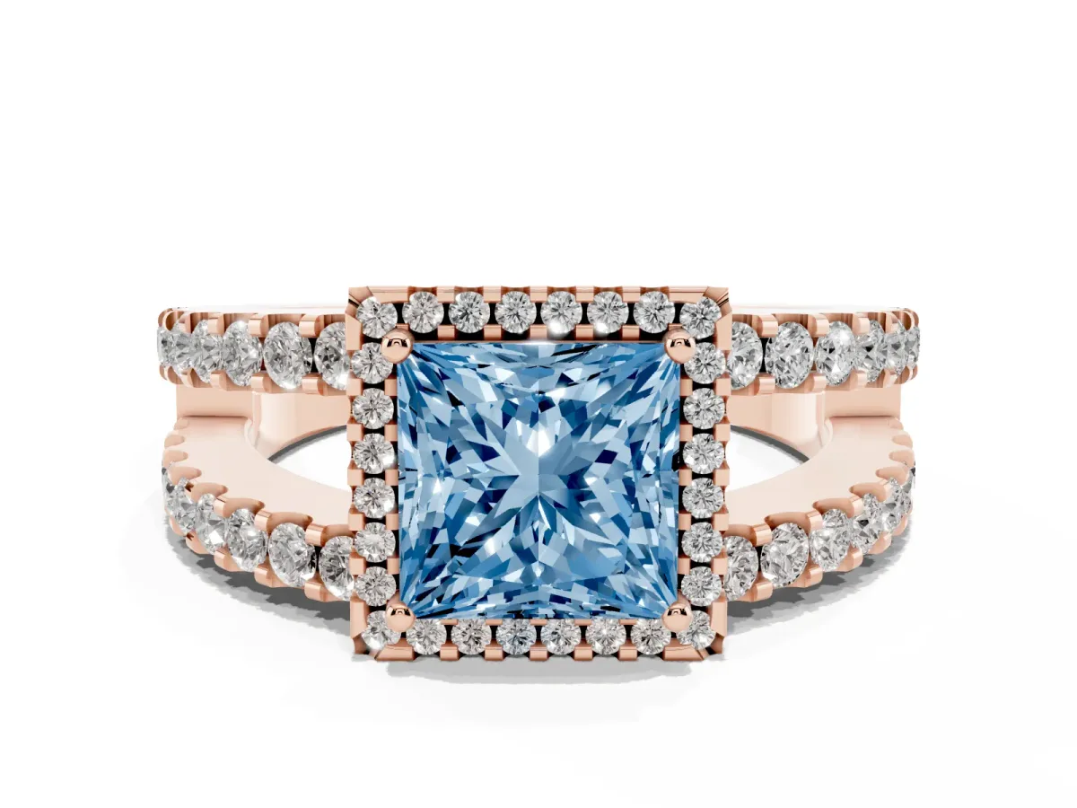 Fancy Blue Princess Cut Cut Halo Split Shank Diamond Ring with Four-Prong Setting Rose gold