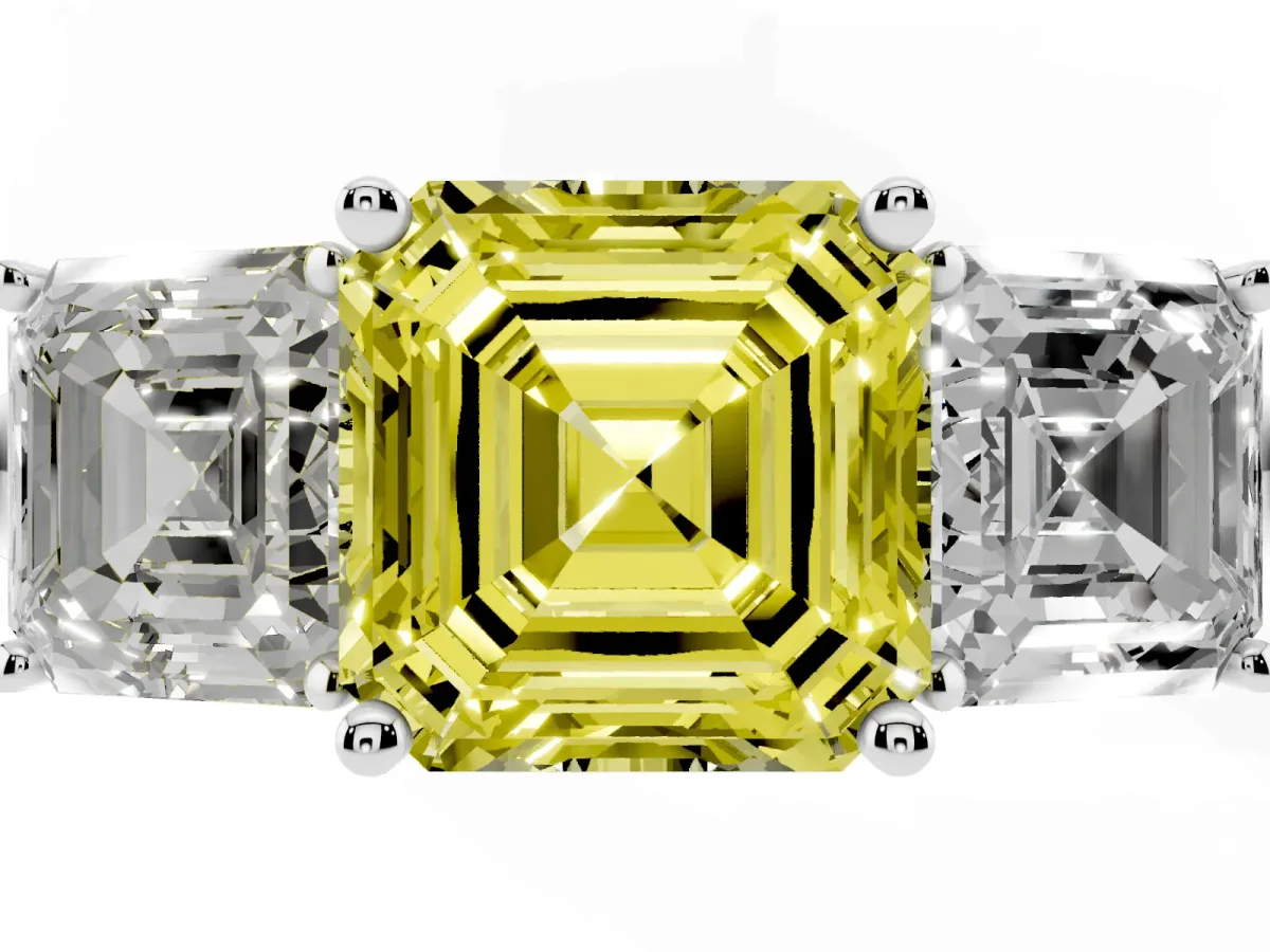 Fancy Yellow Three-Stone Asscher Cut Cut Diamond Engagement Ring with Prong Setting on a White Gold Band Silver