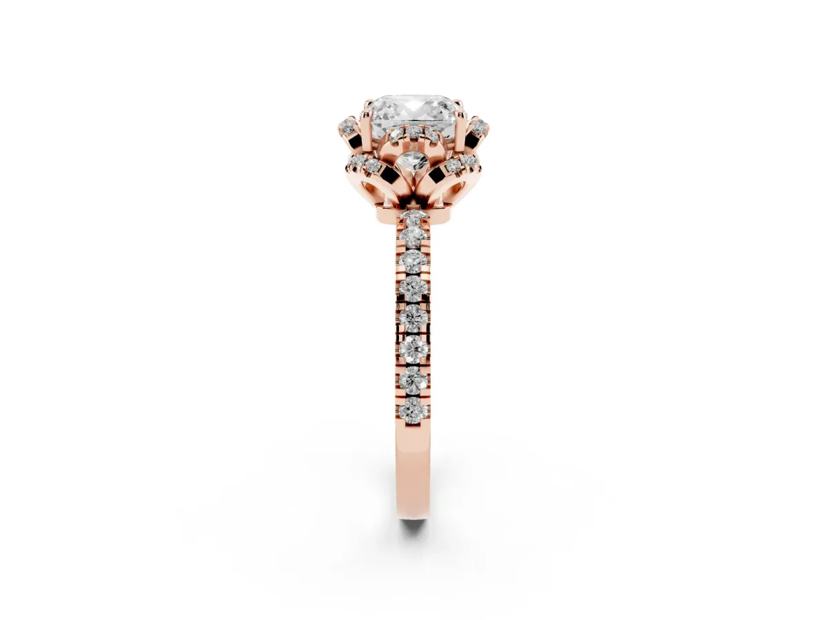 Cushion Cut Diamond Halo Pave Band with Four-Prong Setting Rose gold