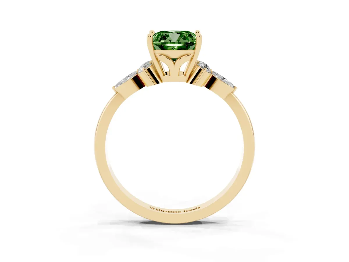 Fancy Green Cushion Cut Brilliant Diamond Solitaire Ring with Pear Side Stones and Four-Prong Setting Yellow gold