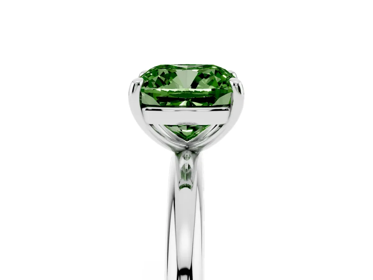 Fancy Green Cushion Cut Solitaire Diamond Ring with Four-Prong Setting on a Plain Band Platinum