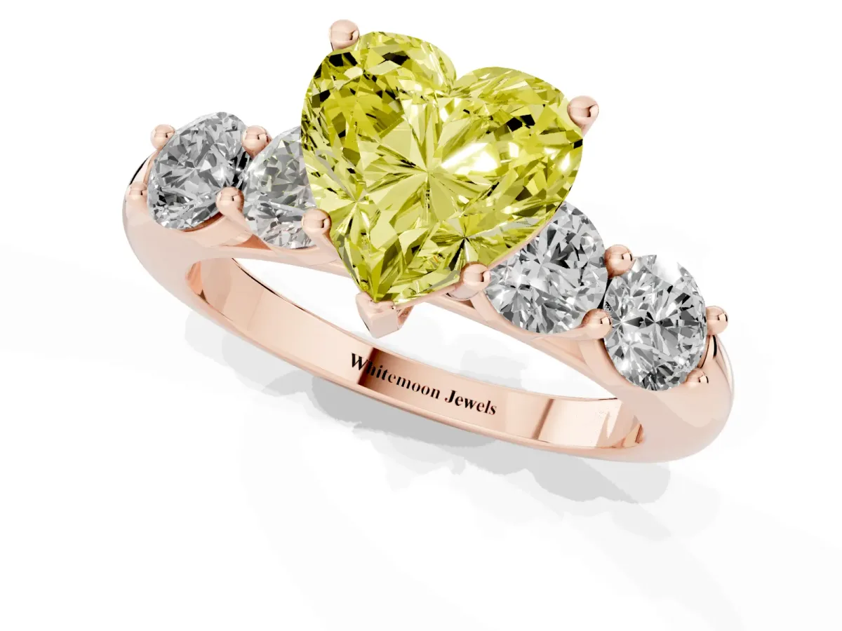 Fancy Yellow Heart Cut Cut Five-Stone Prong Set Diamond Ring with Classic Band Rose gold