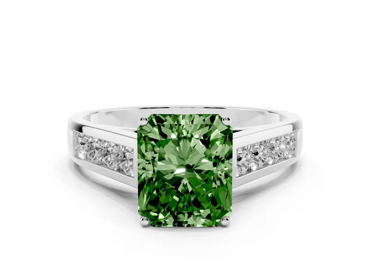 Fancy Green Radiant Cut Brilliant Channel-Set Solitaire Ring with Four-Prong Setting Silver