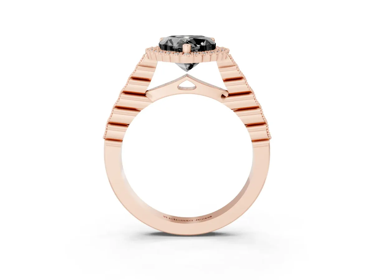 Fancy Black Heart Cut Cut Halo Pavé Solitaire Ring with Milgrain Band Rose gold
