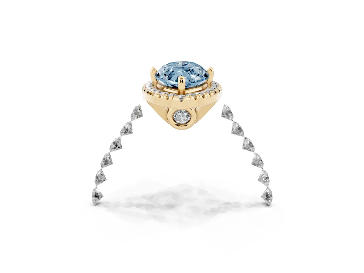 Fancy Blue Marquise Cut Halo Pavé Diamond Engagement Ring with Four-Prong Setting Yellow gold