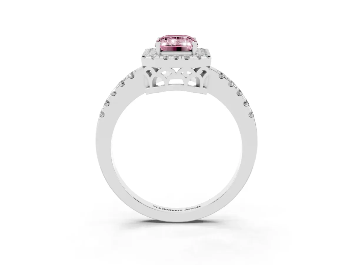 Fancy Pink Emerald Cut Halo Diamond Engagement Ring with Pavé Band and Four-Prong Setting Silver