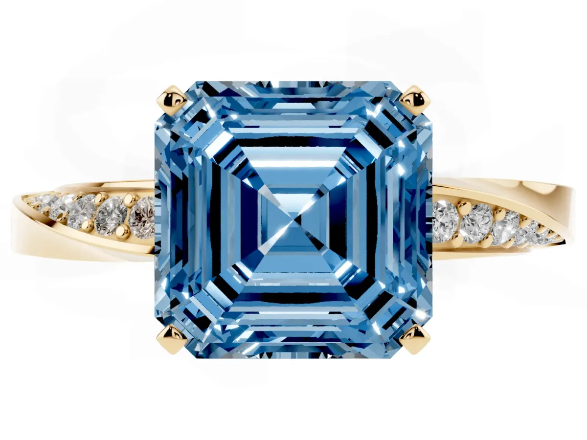 Fancy Blue Asscher Cut Diamond Engagement Ring with Side Stone Accents and Four-Prong Setting Yellow gold