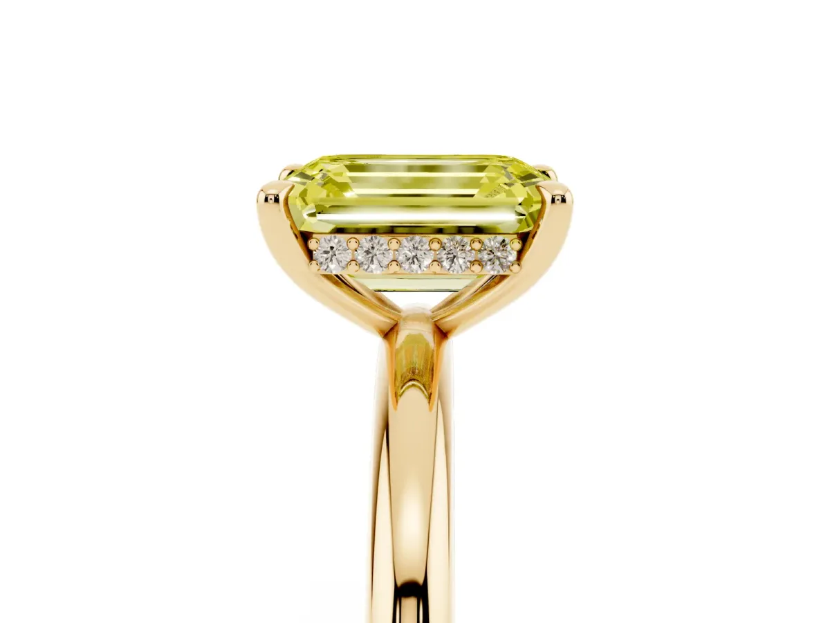 Fancy Yellow Emerald Cut Diamond Solitaire Ring with Thin Band and Four-Prong Setting Yellow gold