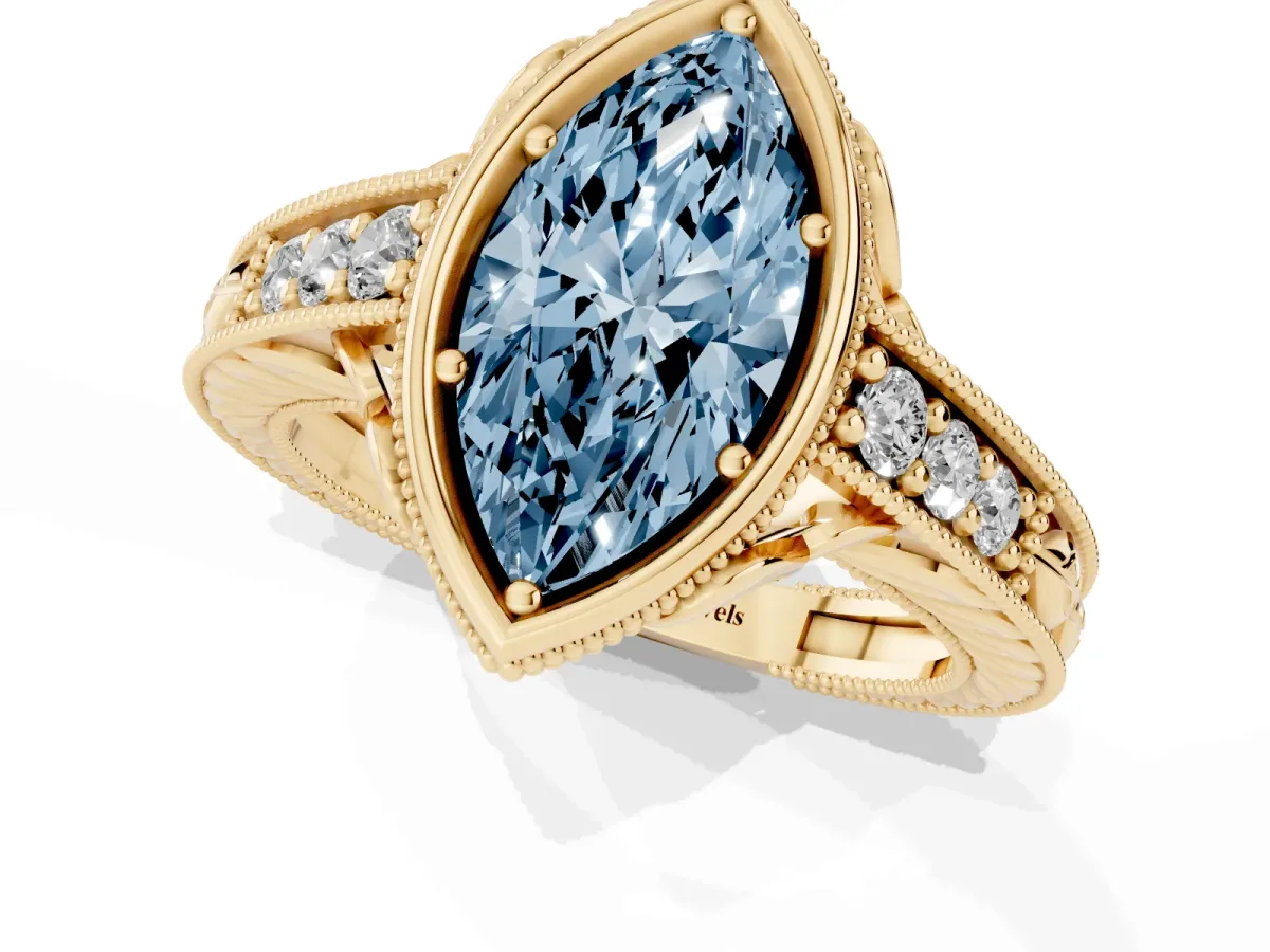 Fancy Blue Bezel Set Marquise Cut Diamond Milgrain Pave Engagement Ring Yellow gold